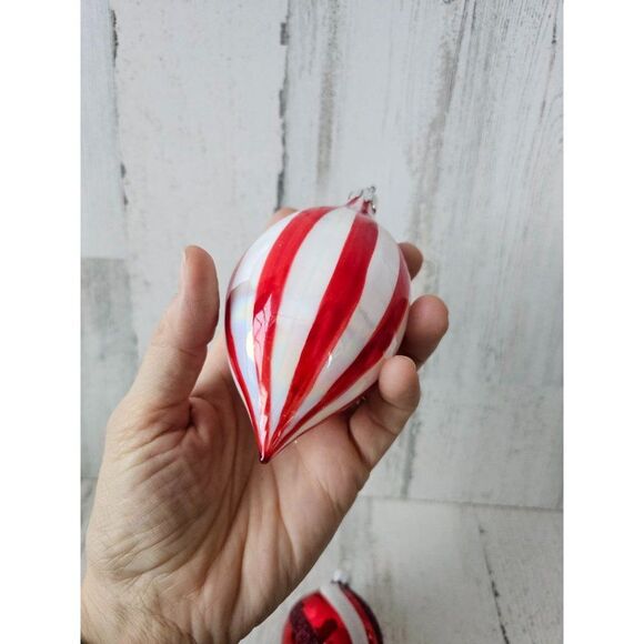 Striped reflector red ornament teardrop ball set lot Xmas tree large - Picture 11 of 13